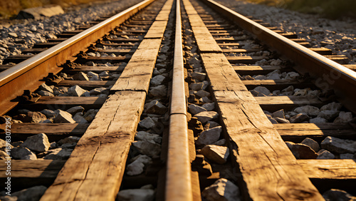 Wallpaper Mural trackbed. Railway trackbed of wooden sleepers and ballast extending into distance. mobility guides, transit brochures, designed for transport & logistics marketing. Torontodigital.ca