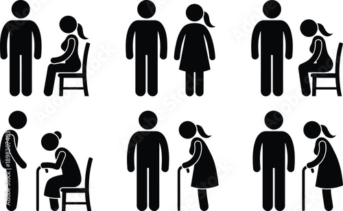 Illustrations of people caring for and assisting the elderly in various scenarios.