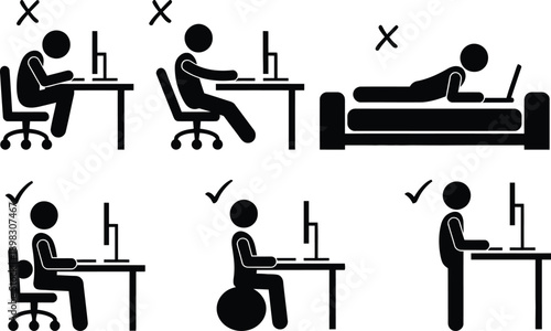 Illustration depicting various ergonomic workstation setups for different users.