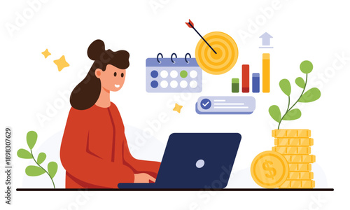 Young businesswoman using laptop with calendar, target, growth chart, and coins, representing productivity, achievement, and financial success isolated on white background vector illustration