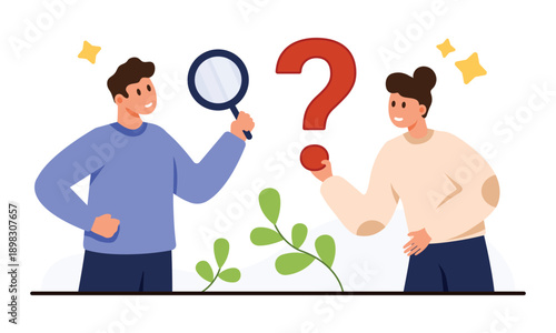Two people collaborating with magnifying glass and question mark, representing teamwork, analytics, research, and problem solving, isolated on white background vector illustration