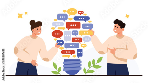 Two people discussing ideas with colorful speech bubbles forming a lightbulb, representing teamwork, communication, and creative collaboration, isolated on white background vector illustration
