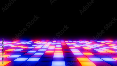 Glowing led grid creates a vibrant retro digital gaming or dance floor background
