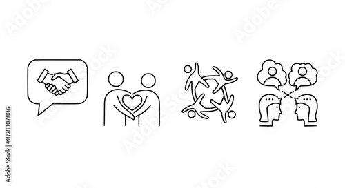 Minimalist Black Line Art Icon Set Representing Human Connection Social Unity Empathy and Collaborative Communication