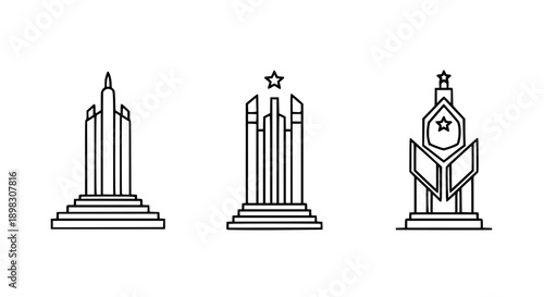 Minimalist Black Line Art Icon Set Depicting Trophies Monuments and Architectural Structures Celebrating Success and Excellence