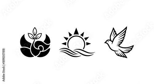 Minimalist Black Silhouette Icon Set Symbolizing Peace Growth and Nature with Dove Sun and Sprout