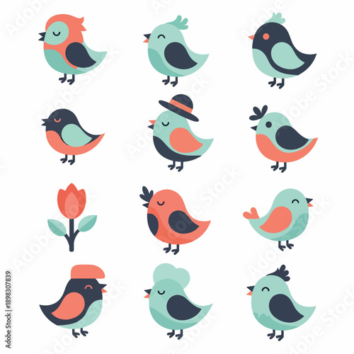 Set of Cartoon Birds and Tulip