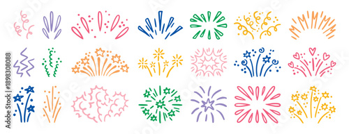 Colorful bright Festive firework explosion set isolated on white background. Vector illustration of hand drawn confetti burst effect, party firecracker sparks, abstract spiral.