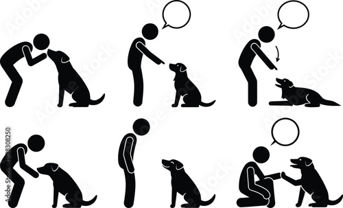 A series of illustrations depicting a man interacting with a dog in various positions.