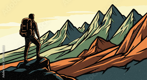 Man with backpack stands on peak looking at mountain range. Retro vector design. Good for travel, adventure, outdoor recreation, or nature themed publications.