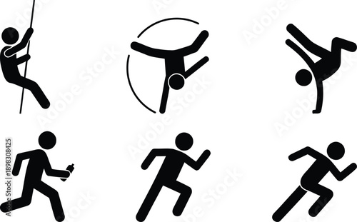 A collection of various sports and physical activities depicted in simple black and white icons.