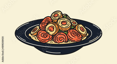 Cartoon illustration of a plate of pasta roses. Ideal for restaurant menus, recipe blogs, food-themed designs, and advertising campaigns, adding a fun, playful touch.