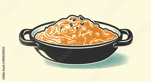 Illustrated pasta dish with olives sits inside a bowl with handles on a cream colored surface; useful for menu design and restaurant advertisements.