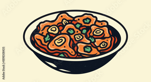 Vector illustration of Manchurian in a bowl, a popular Indo-Chinese dish. Ideal for restaurant menus, food blogs, or culinary-themed designs. Retro art style.