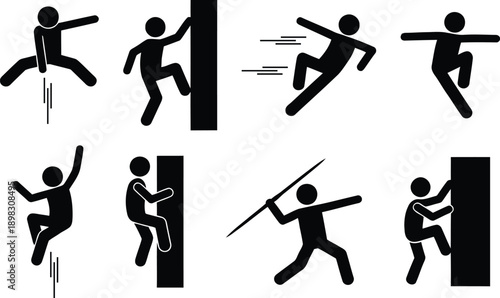 Diverse illustrations of people engaged in various climbing and falling activities