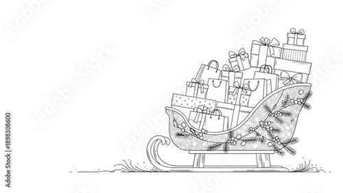 Detailed black and white line art illustration of a traditional sleigh piled high with numerous wrapped Christmas gifts.