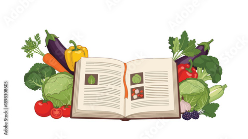Open recipe book or cookbook surrounded by an abundance of fresh vegetables like tomatoes, broccoli, and peppers.
