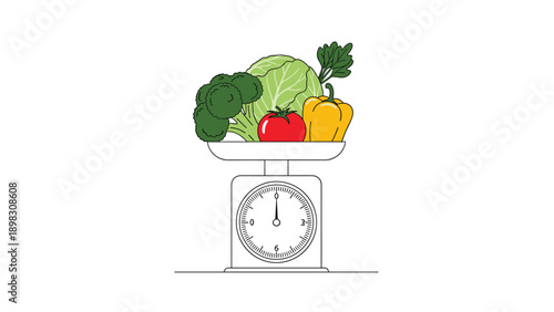 Assortment of fresh garden vegetables including broccoli, cabbage, and peppers being weighed on a white kitchen scale.