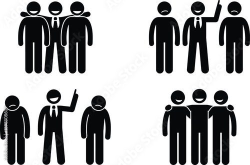 Group of people in various poses and outfits depicted in black and white icons