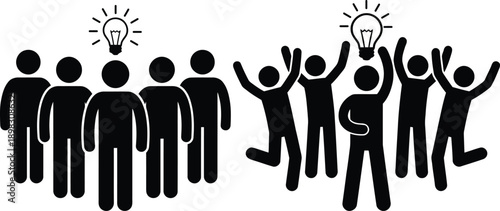 Group of people with light bulbs above their heads representing ideas and creativity