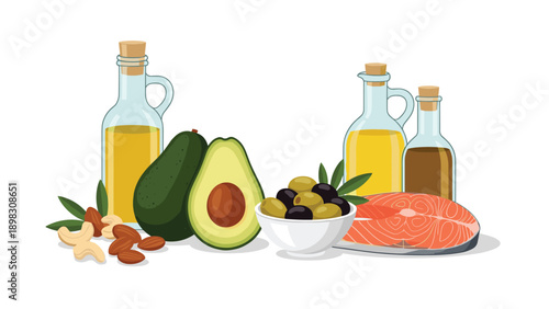 Selection of healthy fats including ripe avocado, glass bottles of olive oil, bowl of olives, salmon, and nutritious nuts.