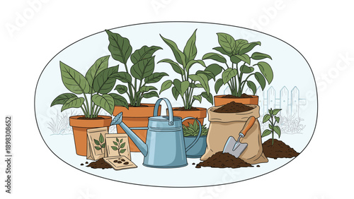 Gardening hobby equipment with potted green plants, blue watering can, bags of soil, and small hand shovel in a backyard.
