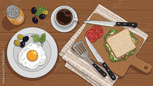 Top view of morning meal featuring fried egg with olives, hearty sandwich on wooden board, and cup of hot black coffee.