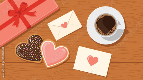 Romantic breakfast setup with heart-shaped chocolate cookies, love letters in envelopes, cup of coffee, and pink gift box.