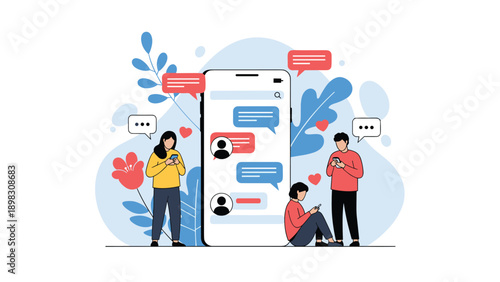 Social media communication concept with small people using smartphones around giant device featuring chat bubbles and flowers.