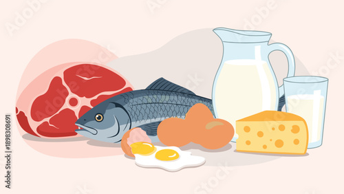 Collection of high protein food items including fresh meat, whole fish, carton of milk, block of cheese, and eggs.