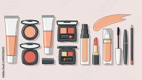 Professional makeup kit collection including foundation tubes, blush palettes, eyeshadows, lipstick, mascara, and eyeliner.