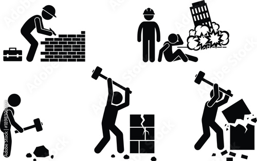 Various construction workers performing different tasks in a work site