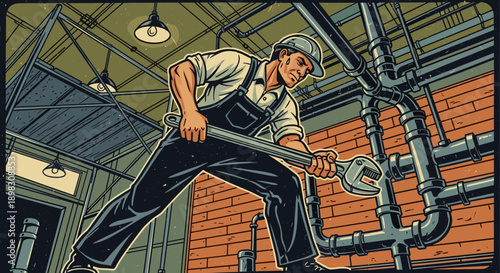 Retro-style illustration of a plumber tightening pipes with an adjustable wrench. Ideal for projects related to plumbing, construction, repair, and vintage aesthetics.