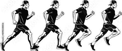 Running cycle illustration, male athlete stride sequence, sports motion study, black and white vector, biomechanics concept, flat design, fitness movement graphic
