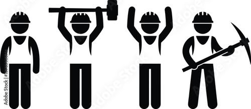 Four individuals holding mining tools standing in a row