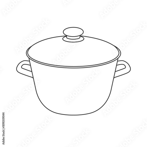 Pot with closed lid isolated on a white background. Outline drawing, vector illustration, linear icon. Kitchen utensils, dishes.