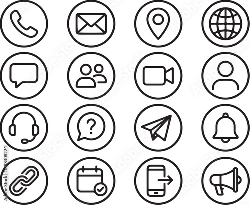Communication Icons Set Black Outline Vector Isolated on White Background
