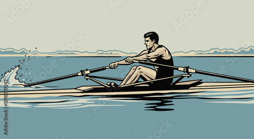 Illustration of a man powerfully rowing a scull on the water, showing strength, determination and athleticism in a vintage graphic style, suitable for sports themes.