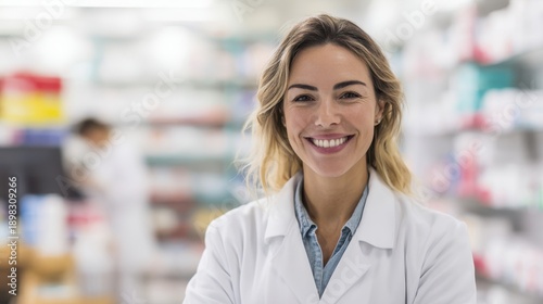The pharmacist smiling confidently behind the pharmacy counter offering professional medication consultation