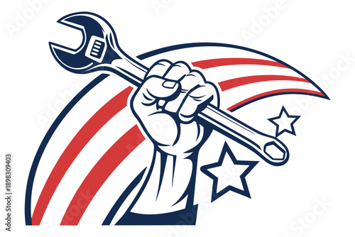 Hand holding wrench with American flag background.