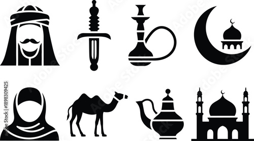 Diverse symbols and icons representing various aspects of islamic culture and tradition
