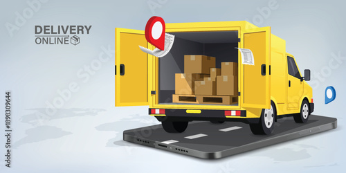 Online delivery concept with yellow cargo van carrying cardboard boxes from smartphone, ecommerce shipping and logistics service, courier transportation illustration