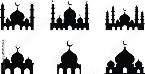 Diverse architectural designs of mosques with crescent moons and stars