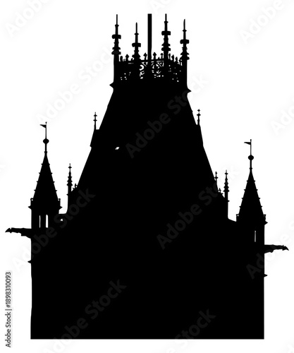 Mysterious Castle Silhouette with Towering Spires and Gnarled Architecture