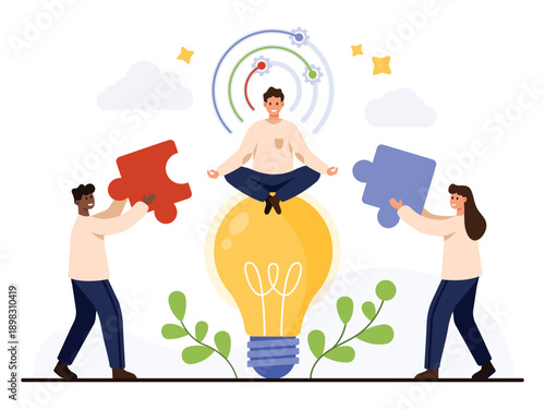 Business people collaborating with puzzle pieces and light bulb symbolizing adaptability teamwork innovation and creative problem solving in modern workplace vector illustration