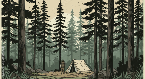 Illustration of a backpacker at a campsite among tall trees. Perfect for travel blogs, outdoor brands, and promoting nature tourism.