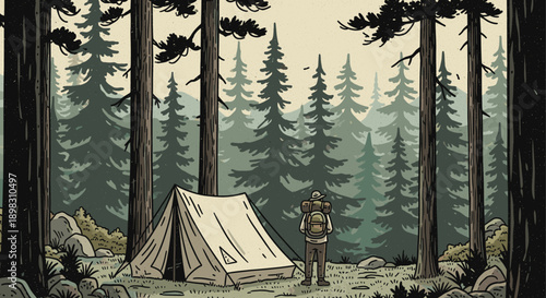 Hand-drawn illustration of a person camping in a forest with a tent. Ideal for adventure, travel, nature and outdoor themed designs.