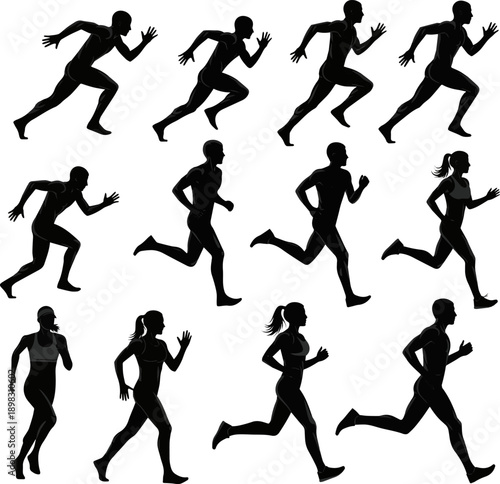 Isolated a kinds of deferent realistic runner, sports, athlete, action, men, team, running, dance, figure, black, competition, vector art with white background.