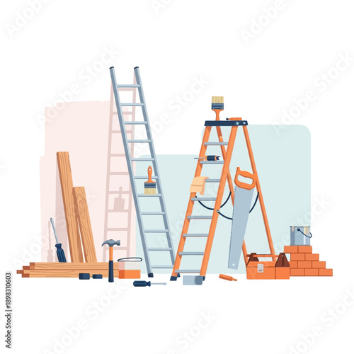 Home Renovation Tools and Materials - Ladder, Saw, Bricks, Wood, Paint