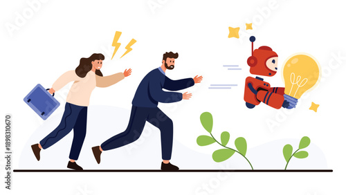 Businessman and businesswoman running after robot holding lightbulb symbolizing AI risks, copyright issues, and ethical concerns in technology innovation vector illustration